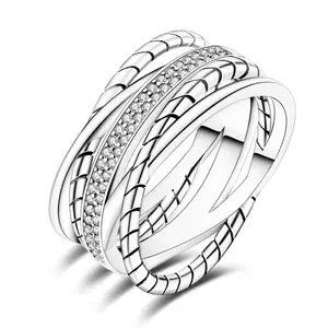 MULA 925 Silver-plated Multi-Layered Rope Wide Band Ring for Women - Geometric Statement Design with Sparkling CZs - Perfect Birthday, Valentine's Day or Anniversary Gift, Stackable Rings, Everyday Wear