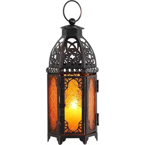 Moroccan Lanterns Decorative Indoor & Outdoor, 11’’ Medium Size Vintage Metal Hanging&Tabletop Candle Holder Decor, Halloween Christmas Ramadan Decorations for Home Porch Patio (Amber)