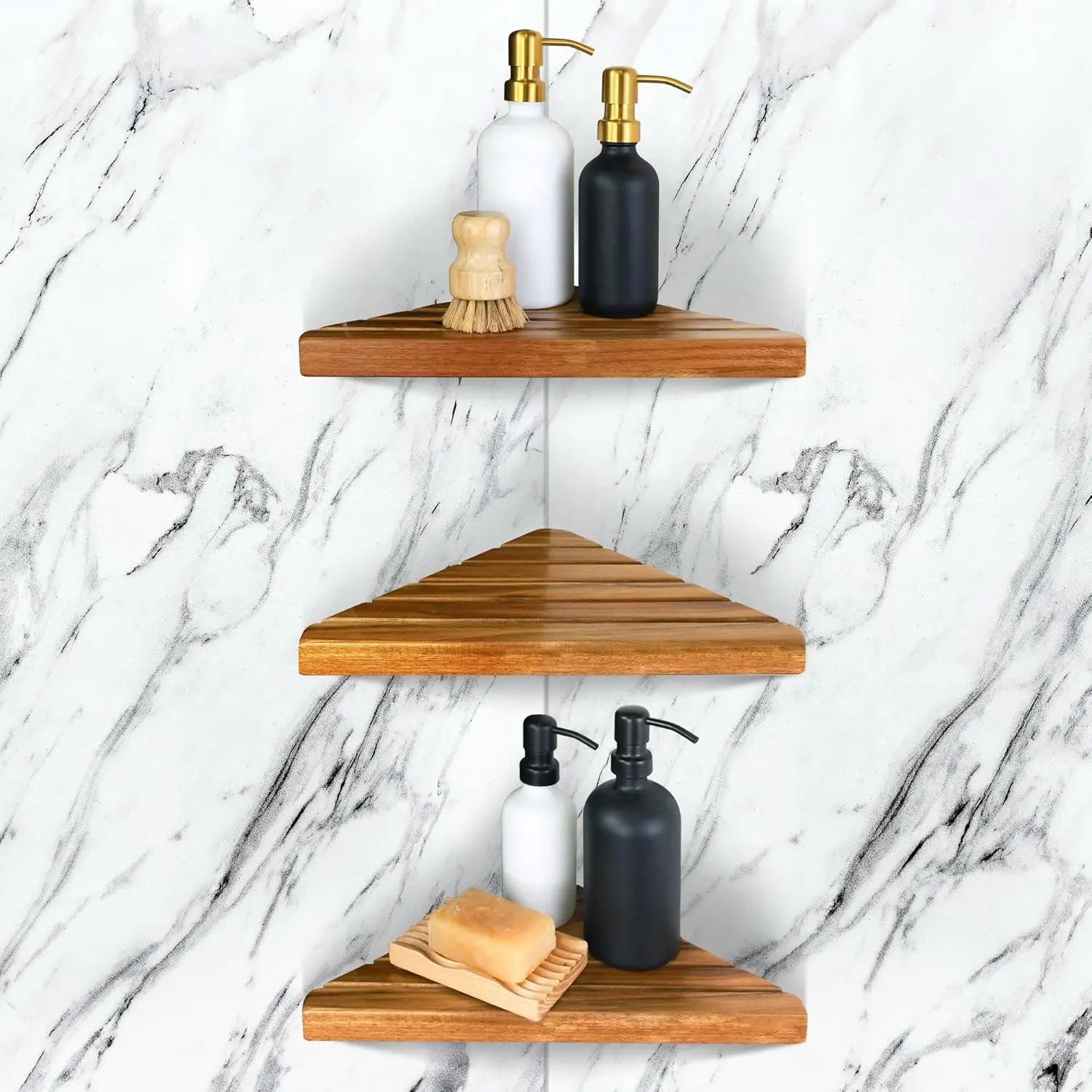 2-3-tier corner shower shelf, triangular corner shelf, wooden bathroom shelf suitable for tiled walls, shower corner shelf, no drilling required(3)