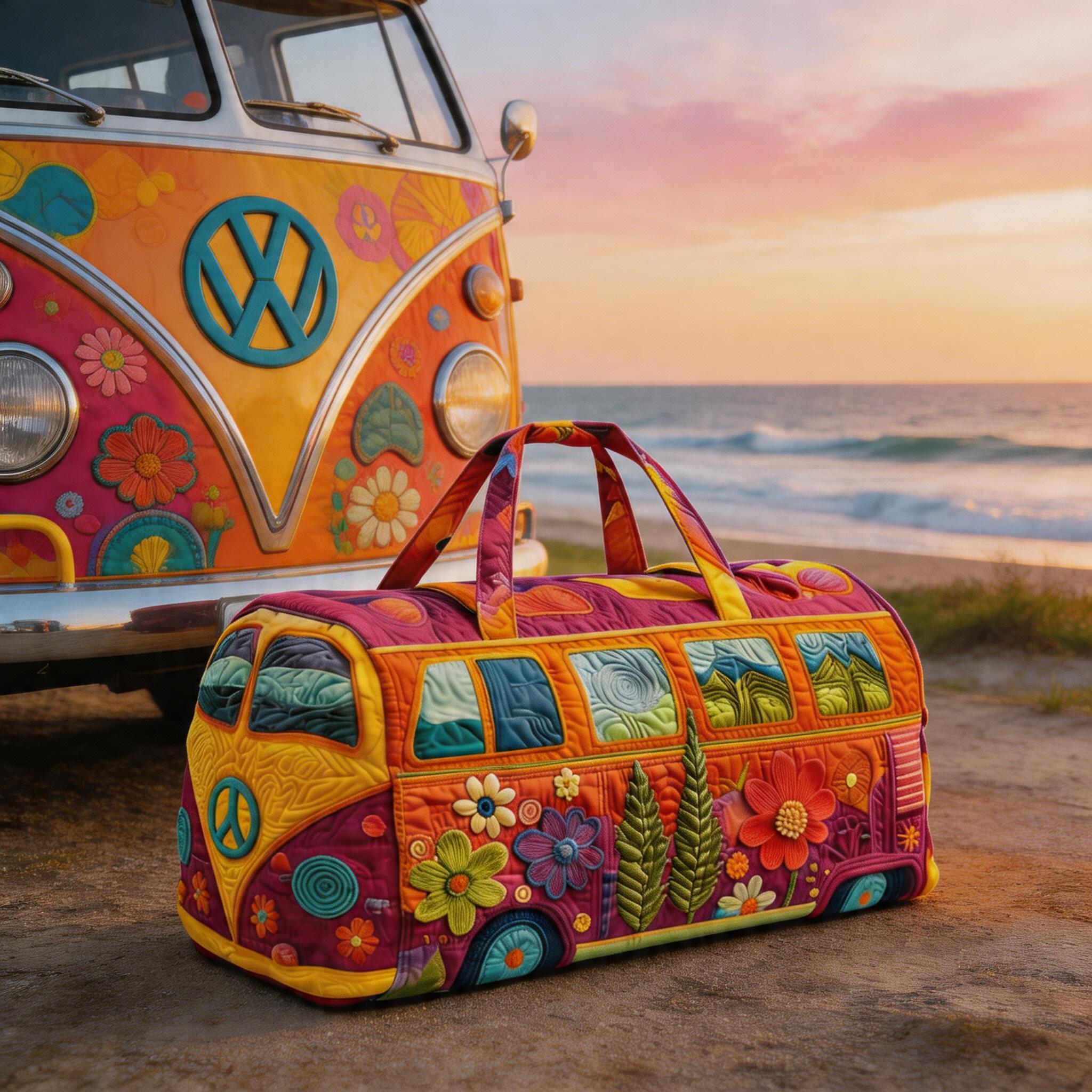 Retro style hippie bus quilted travel bag - Bohemian, high-definition printed bus bag with colorful floral patterns, weekend luggage bag, large capacity fitness bag