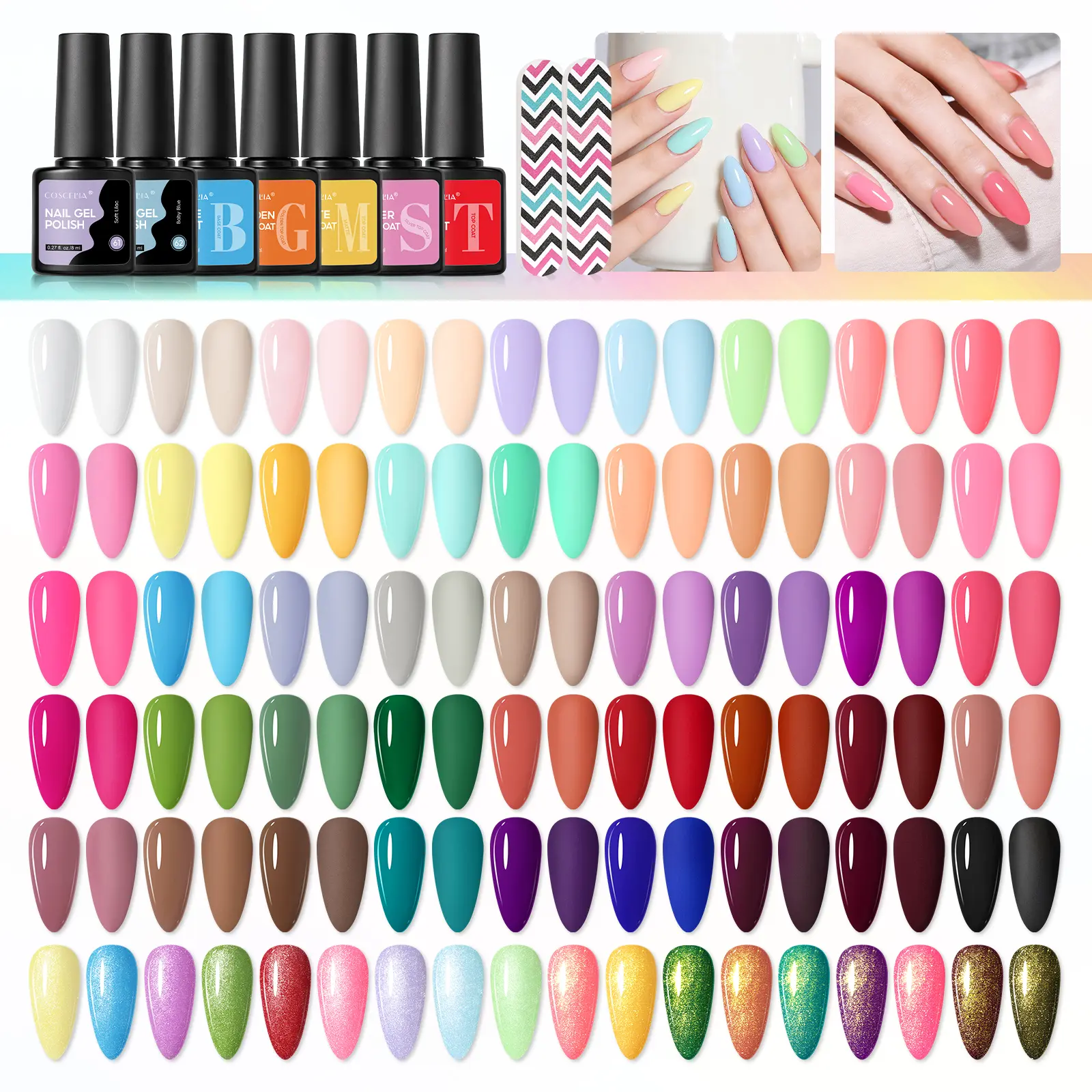 COSCELIA 50Pcs Gel Nail Polish Set Rich Colors Multicolored Long-Lasting Kit with Base Coat Glossy/Matte/Golden/Silver Top Coat for DIY Manicure at Home All-Seasons Gel Gift Starter Kit