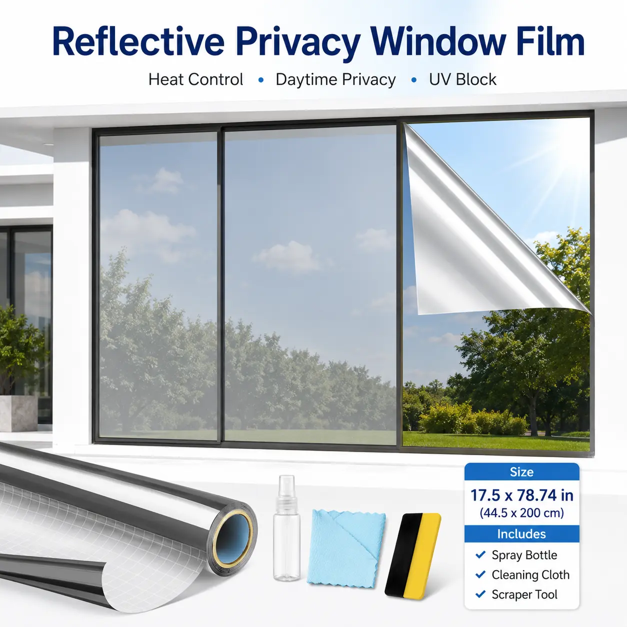 Window Privacy Film One Way, Reflective Mirror for Daytime Home Office Use, UV Sun Blocking, Heat Control17.5 x 78.74 Inches