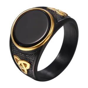 OIDEA Men's Black Onyx Celtic Signet Ring - Stainless Steel Gothic Statement Band for Men, Fashion Costume Jewelry Rings
