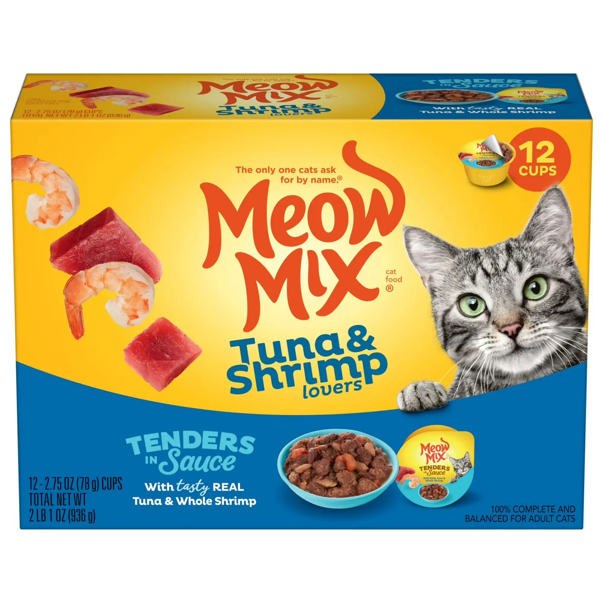 Meow Mix Tenders in Sauce with REAL Tuna & Whole Shrimp, Wet Cat Food, 2.75 oz Cup, 12 Pack