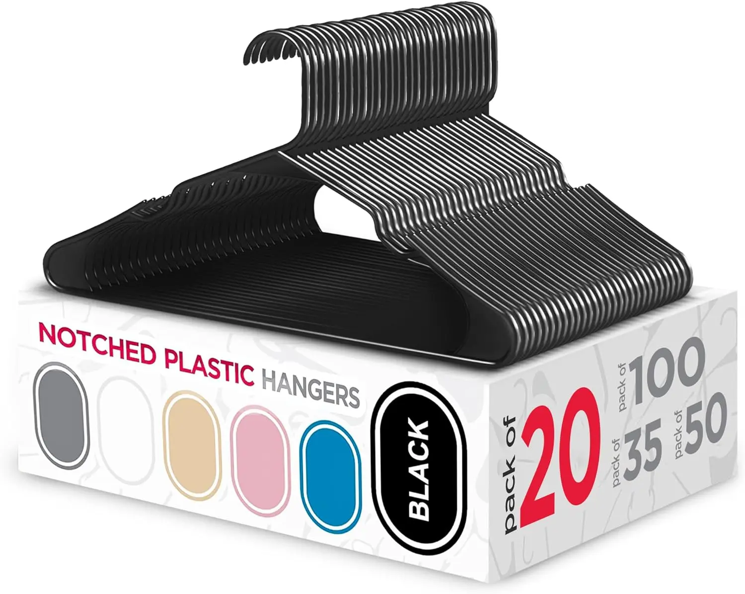 Synthetic Black Plastic Clothing Hangers 20-Pack - Slim, Space-Saving, Durable, Sturdy Hanging Wardrobe Organizer with Notched Smooth Edges, Non-Slip Fabric-Friendly Strap, 1-Year Support for Coats, Shirts