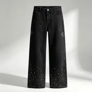 Men's Vintage Wide-Leg Full-Length Jeans - Cross Rhinestone Pattern, Casual Stylish Menswear Clothes