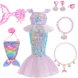 (Dress + All Accessories) Children's Mermaid Princess Dress Role Play Girls Mermaid Princess Dress Ruffle Ombre Color Role Play Costume