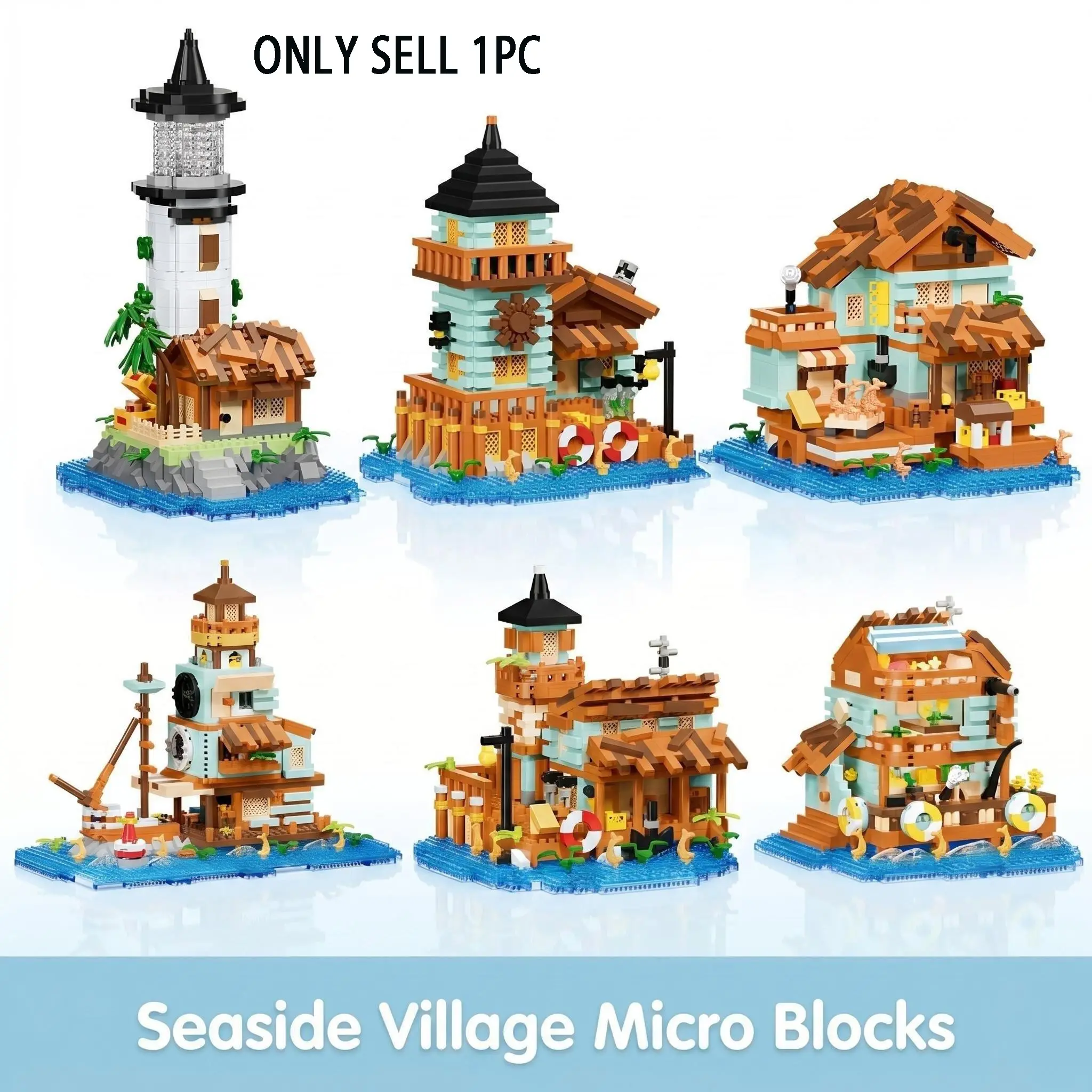 Beachside Fishing Village Lighthouse Blocks, Mini Wooden House Building Series, Creative Desktop Decor, DIY Stress Relief Toy, Birthday Gift, Architecture Brick Model, Creative Building Set