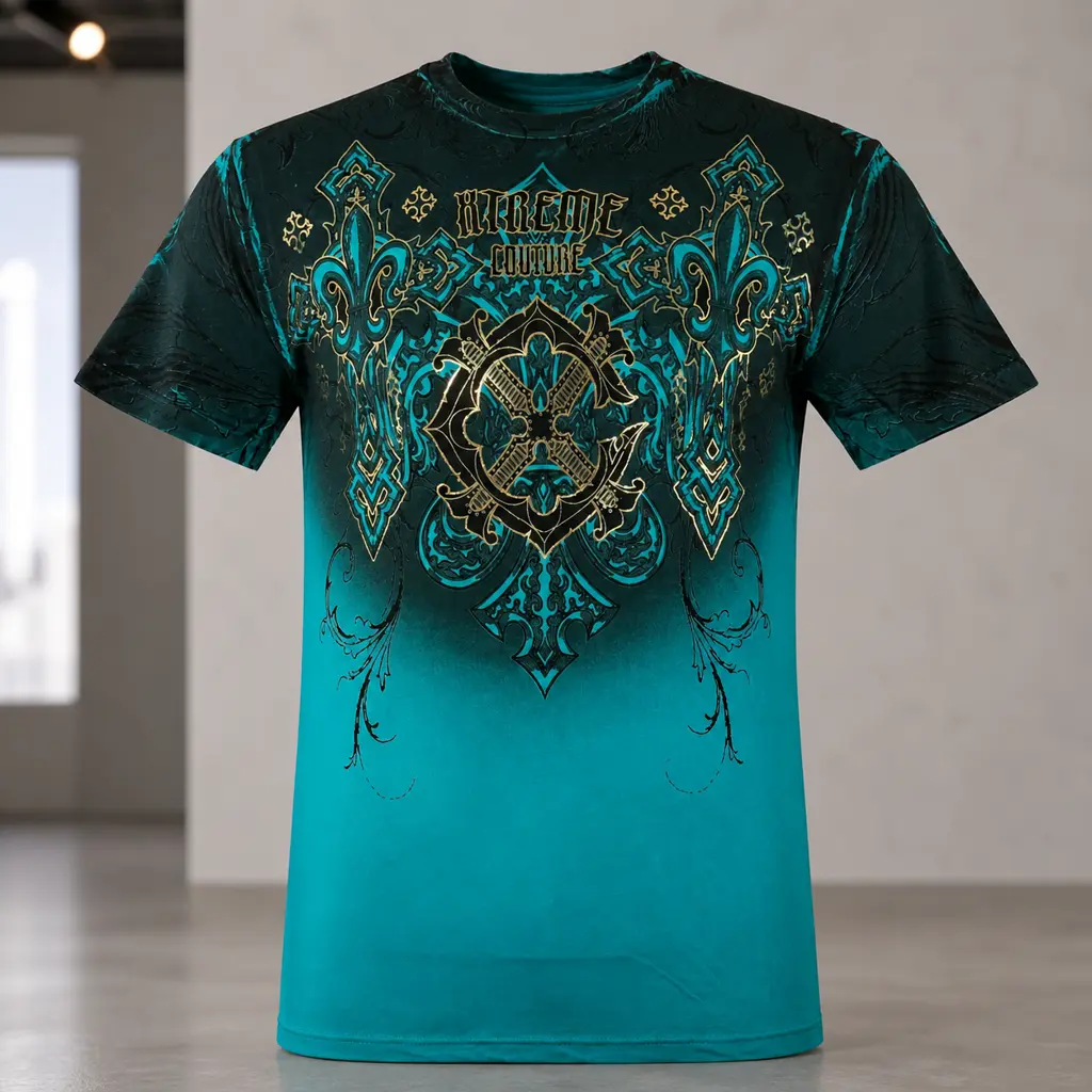 Men’s Teal Ombre Gradient Short‑Sleeve Crew Neck T‑Shirt, Gold Foil Ornate Baroque Cross Scroll Graphic Print, Retro Y2K Gothic Streetwear Casual Daily Top