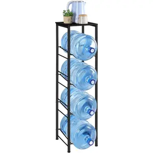 Heavy Duty 4 Tier Water Bottle Holder with Storage Shelves, Detachable Water Jug Rack for 5 Gallon Jugs, Organizer Stand for Office and Living Room - Black