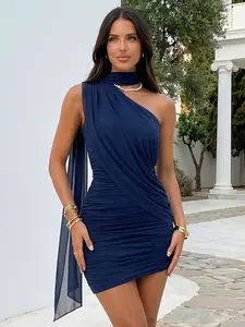 Cuvrysweet One Shoulder Spring Mini Dress for Women Draped Ruched Bodycon Dress with Adjustable Strap Backless Party Cocktail Evening Dress SpringStatements