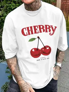 Men's Cherry Print Loose Round Neck Tee, Casual Comfy Short Sleeve T-shirt for Summer, Fashion Men's Top for Daily Wear