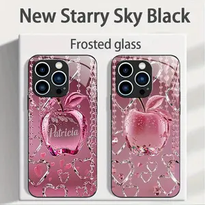 Simple Pink Crystal Apple, Chain, Pattern, Glass, Phone Case, Comfortable Feel, High Value, Durable, Fashionable, Suitable for Friends' iPhone 11 12 13 14 15 16 Plus Pro Pro Max Phone Case, Camera Protection, Anti-Fingerprint, Lightweight