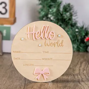 Round Wooden Hello World Milestone Birth Announcement Sign with 3D Star & Bow Decoration, Decorative Engraved Birth Info Wooden Plaque, Indoor Home Decor Ornament, Cute Home Decor, Ideal Keepsake Gift for Thanksgiving, Halloween, Christmas & Newborn Baby