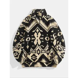 Men's Ethnic Pattern Zip Up Kangaroo Pocket Plush Sweatshirt, Zipper Closure, Menswear Casual Boho Style Drop Shoulder Long Sleeve Fuzzy Outerwear, Men's Fall & Winter Clothes