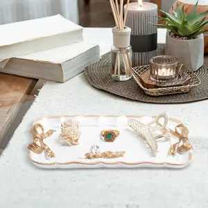 Vintage Decorative Tray – Resin Jewelry Organizer with Bow-Knot for Cosmetics & Accessories (White)