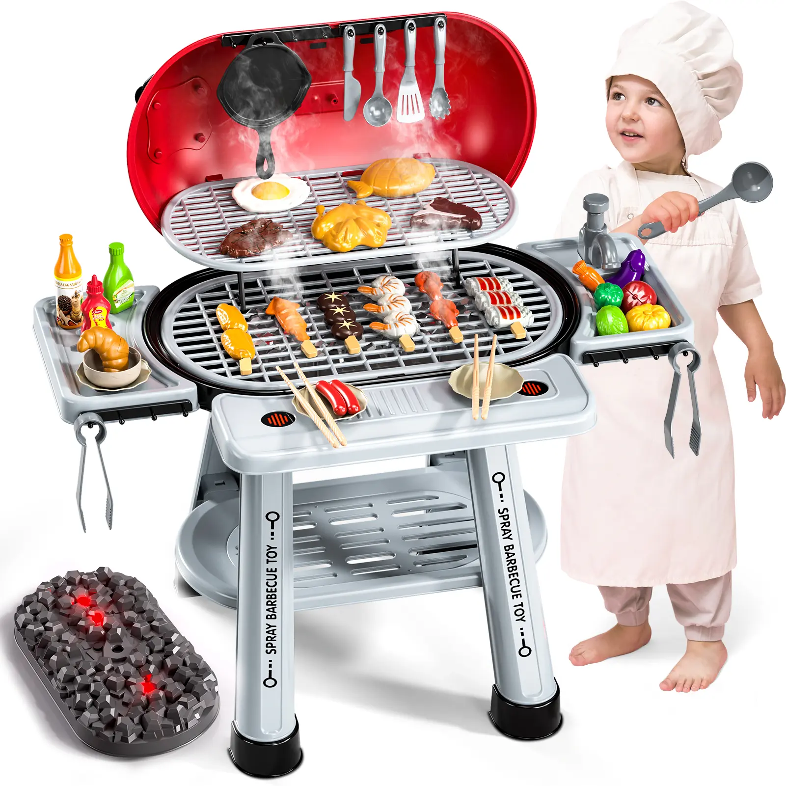 Children's barbecue grill cooking toy set featuring realistic smoke effects,flashing lights,and lifelike sound effects,complete with a full set of barbecue ingredient accessories,Suitable for toddlers aged 3–5 for indoor/outdoor pretend play,holiday gift,