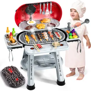 Children's barbecue grill cooking toy set featuring realistic smoke effects,flashing lights,and lifelike sound effects,complete with a full set of barbecue ingredient accessories,Suitable for toddlers aged 3–5 for indoor/outdoor pretend play,holiday gift,
