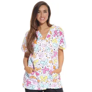 Women’s V Neck Scrub Top White Butterfly – Cute Medical Uniform & Nurse Workwear