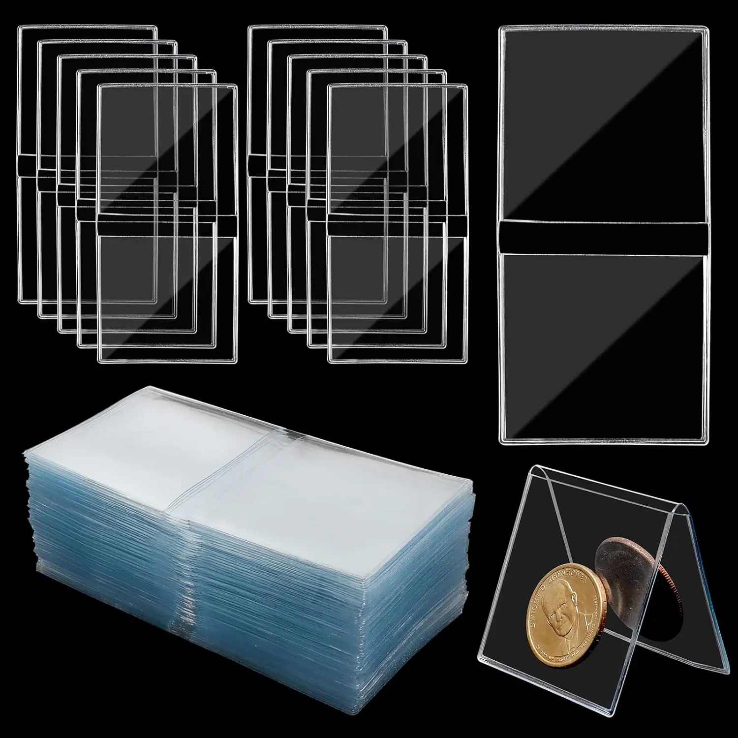 50 Pieces PVC Double Pocket Protectors (2-In High Transparency, 10.5x5.4cm) - Coin Organizer, Trading Card Accessory for Toploaders, Easy Storage & Display, Good Choice for Collectors, Coin Sleeves