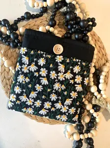 White and Black Daisy Book Sleeve with Pocket, Embroidered daisy book sleeve, eReader sleeve, tablet sleeve, kindle sleeve, iPad mini sleeve, booktok, book accessories, bookish gifts, reader gifts, bible cover, bible case