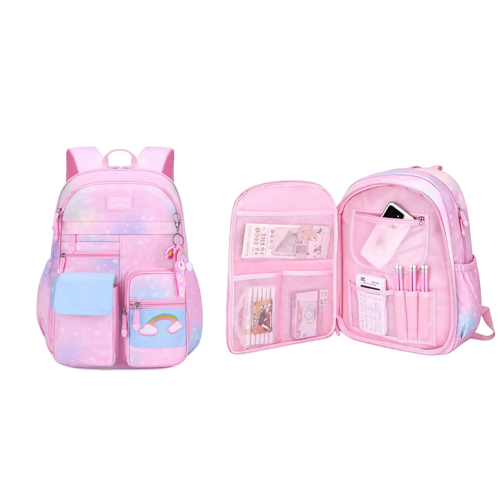 Cute Rainbow Cloud Print Backpack for Girls, Pink Gradient Star Side Opening Refrigerator Style School Backpack, Large Capacity Multi-Compartment Kids Bookbag with 180° Open Design, Lightweight Water Resistant Ergonomic Mesh Padded Shoulder Bag for Elemen