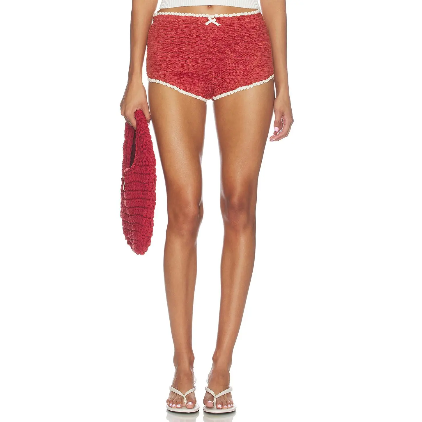 For Love & Lemons Crochet Rugby Micro Shorts in Cream Red