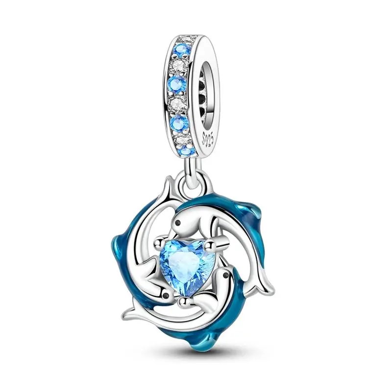 MULA Dolphin Heart Pendant - 925 Silver Plated Blue CZ Sea Animal Enamel Pendant, Romantic Dolphin Love Heart Beads, Compatible with Pandora Bracelets, Great Gift for Women Girls