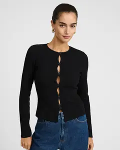 Express Pointelle Crew Neck Long Sleeve Cutout Tee