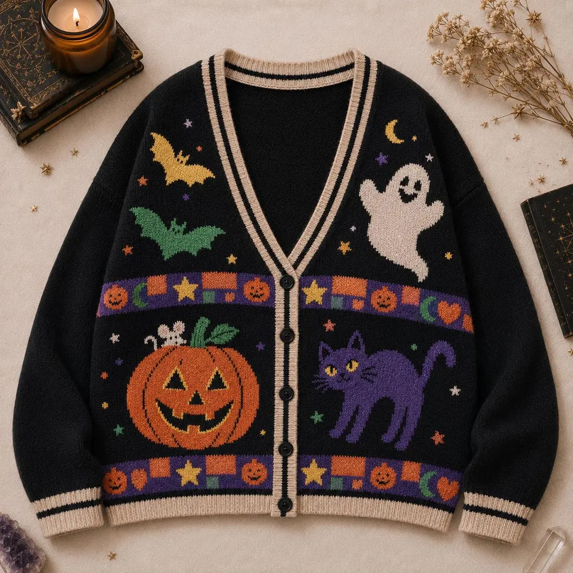 Halloween Pumpkin & Black Cat Knit Cardigan, Ghost Bat Fall Sweater, Cozy Vintage Halloween Button-Up Cardigan for Women