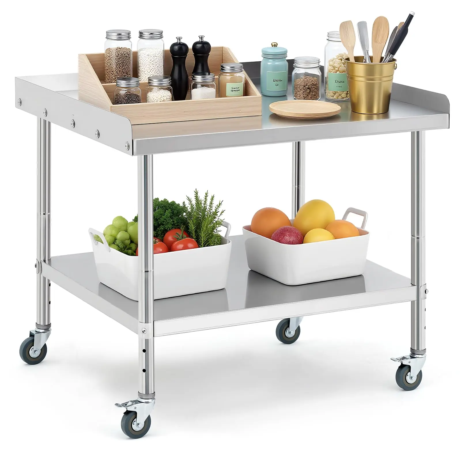 GAOMON NSF-Certified Durable Freestanding Commercial Stainless Steel 2-Layer Equipment Stand Rack, 5-in Wheels, Undershelf, 2-in High Baffle, Spill-Proof, Corrosion-Resistant, 400 lbs Capacity - Restaurant Storage Solution