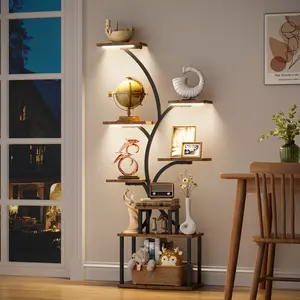 Industrial Metal and Wood Shelf with Unique Design and Built-in Lights, Modern Storage Rack, Display Stand for Home Decor and Storage