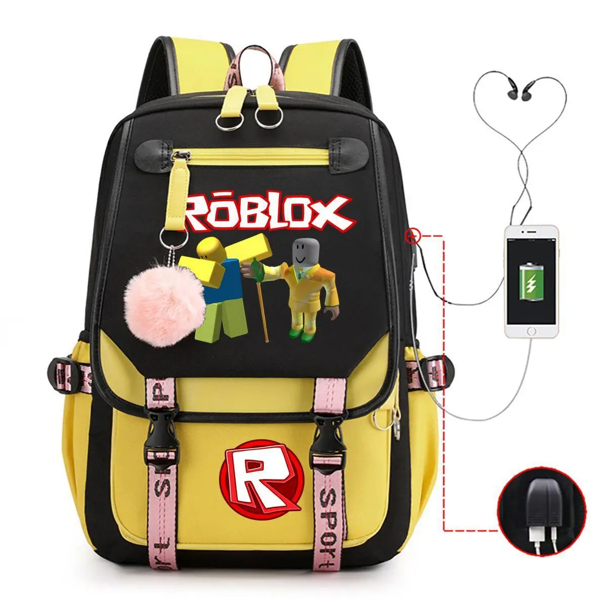 Roblox Two Tone Black Yellow Backpack With USB Charging Port, Kids Game Fan School Laptop Daypack