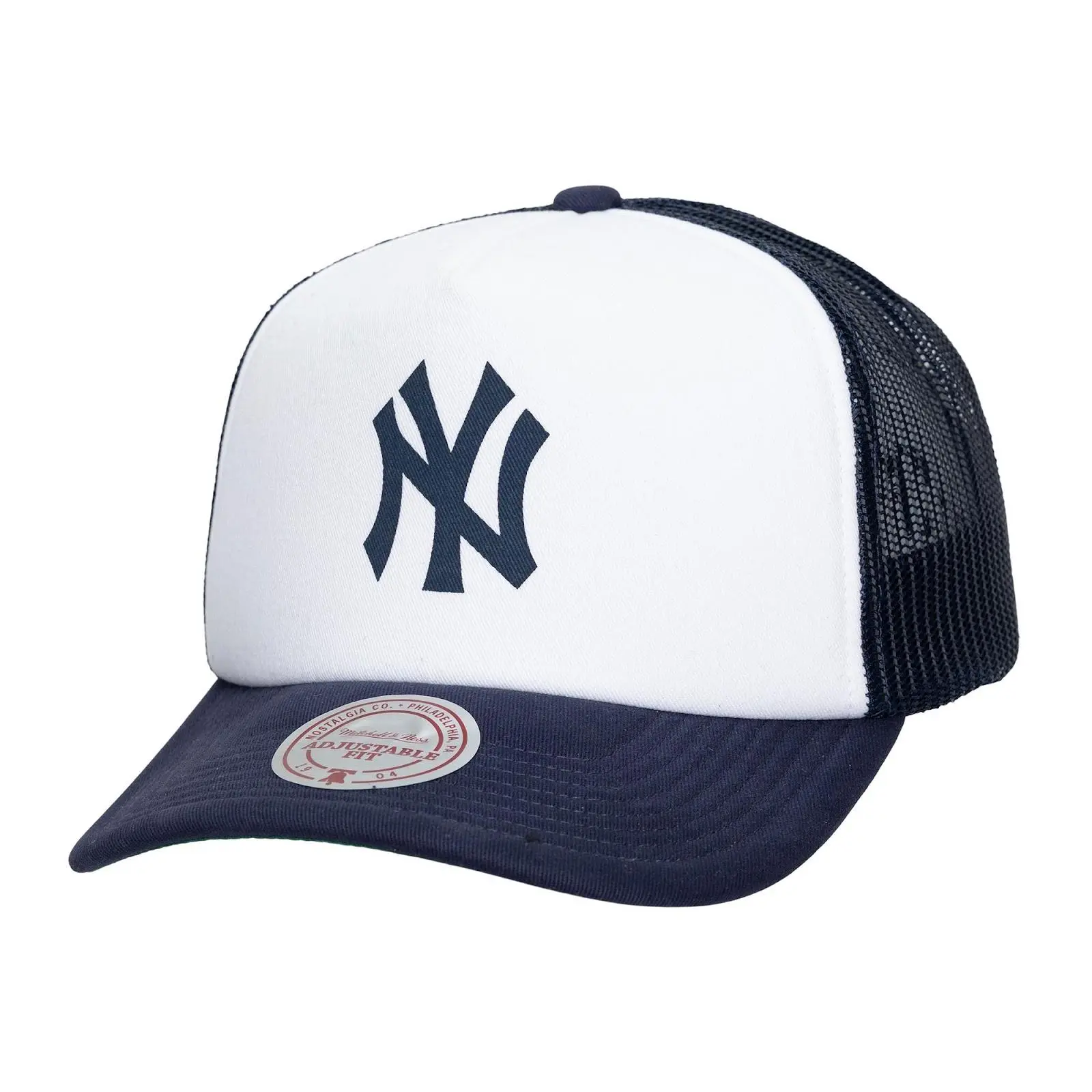 New York Yankees White/Navy Print It Trucker Adjustable Hat MLB Throwback Cap Fan Gear Mitchell & Ness