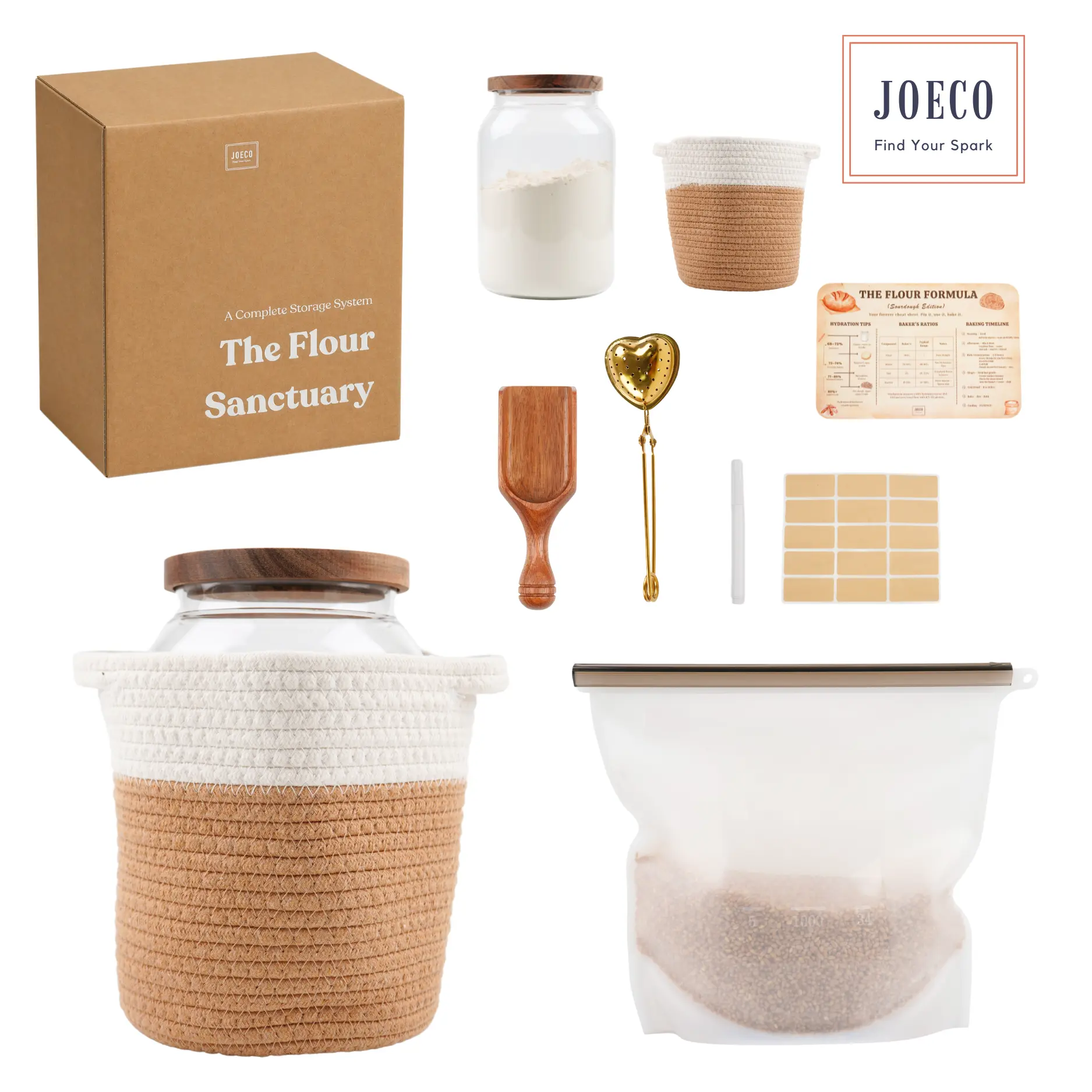 The Flour Sanctuary Kit | Airtight Glass Storage Jar with Lid, Premium Silicone Storage Bag, Wooden Flour Scoop, Rattan Caddy Organizer, Gold Flour Sifter, Sourdough Ratio Guide, Labels & Pen | Baking Pantry Organization & Storage Set for Sourdough lover