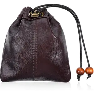 Drawstring Cowhide Bag, Leather Storage Bags Small  Pouch  Leather Pouch Small Bucket Purse for Men  Wedding Gifts Change Card Collection Coffee Color Renaissance