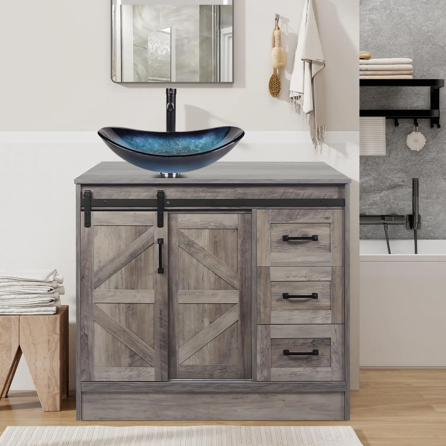 Barn Door Bathroom Vanity 24/30/36/48" , Farmhouse Style Standing Pedestal Cabinet with Sink BA015