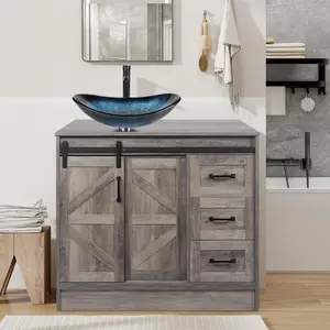 Barn Door Bathroom Vanity 24/30/36/48" , Farmhouse Style Standing Pedestal Cabinet with Sink BA015