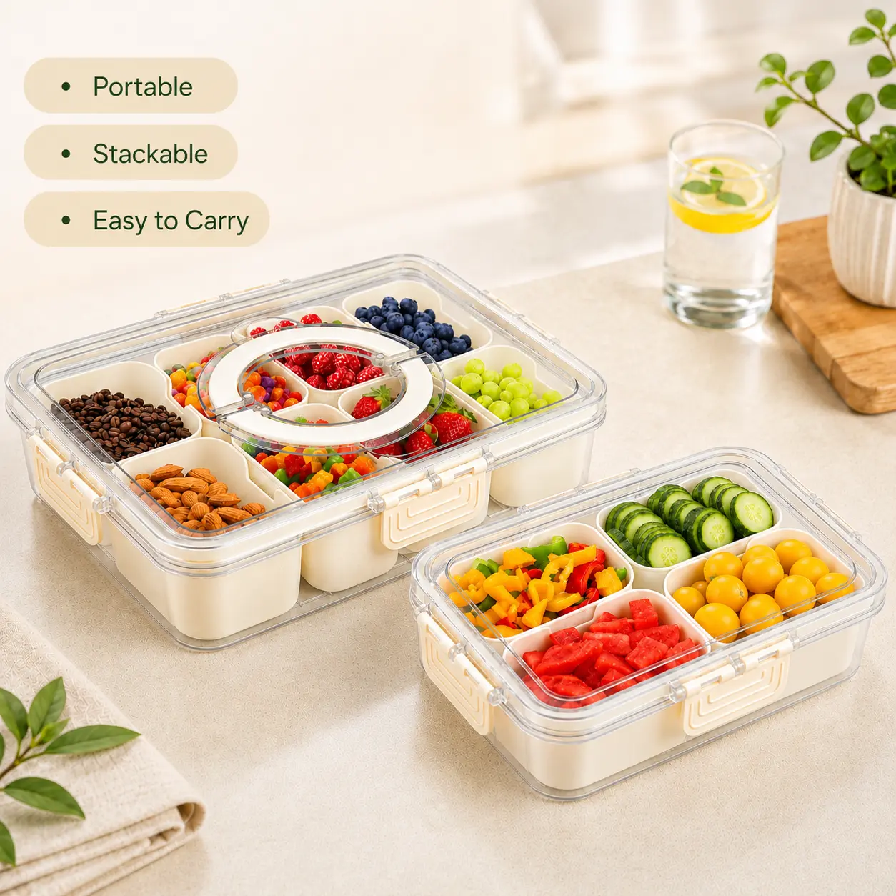 MIUVA Plastic Divided Serving Tray with Lid and Handle, Ideal Kitchen Gift, Portable Snack Box & Storage Charcuterie Container, Snack Platters Organizer for Candy, Fruits, Snacks, Nuts, Appetizers, Party and Entertaining