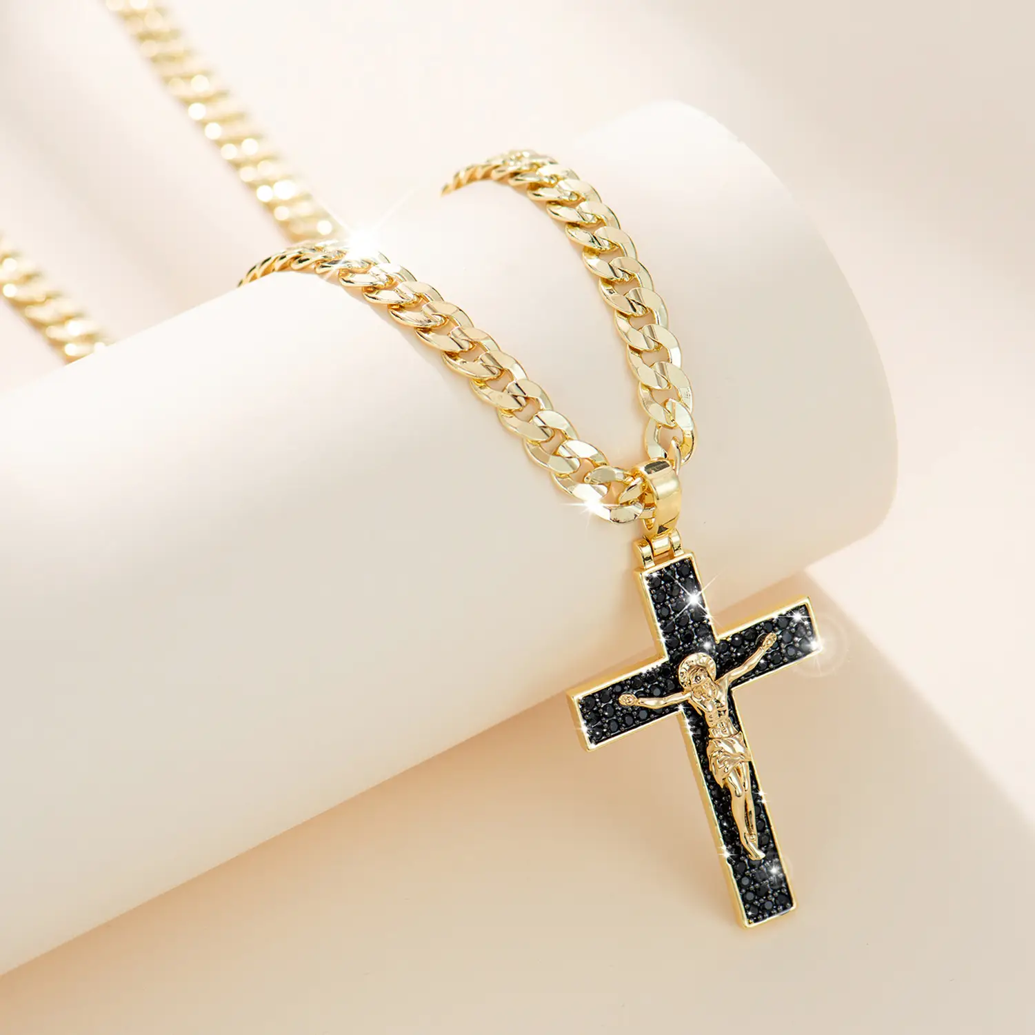 Holylegend 14k Gold-Plated Cuban, Figaro, Miami Chain with Black Cz Stones Jesus Christ Crucifix, 24 inches Long and 6mm wide