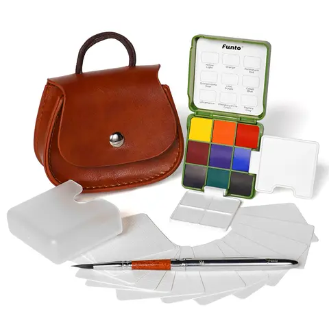 Funto Pocket Watercolor Paint Mini Kit (Art Supplies) - Travel-Friendly Artist Bundle with 9 Colors, 2 Foldable Palettes, Leather Bag, Paint Water Cup, Nylon Brush, Watercolor Papers; Pocket Kit Keeps Art Ready Anywhere