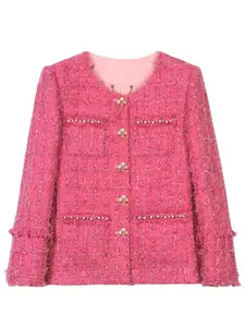 Women's Solid Tweed Fitted Button Front Jacket, Elegant Fashion Coat for Daily Outdoor Wear, Women Clothing for Spring Fall