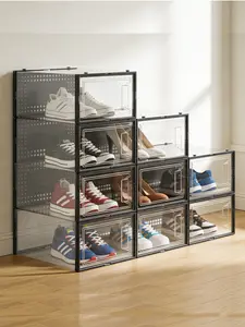 Shoe boxes Stackable Clear Shoe Storage Boxes, 12 Pack Plastic Shoe Organizers for Closet, Transparent Shoe Containers with Lids for Sneakers, White, Fit Size 11