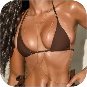 14K Gold Sexy Body Chains for Women Necklace Layered Bikini Bra Chain Crossover Belly Chain Rhinestone Summer Chest Chain Beach Prom Nightclub Body Chain Jewelry