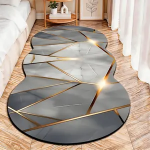 2D Flat velvet irregular rug with luxury grey gold geometric marble pattern, machine washable non-slip carpet for bedroom, all seasons & holiday decor, durable & easy to clean.