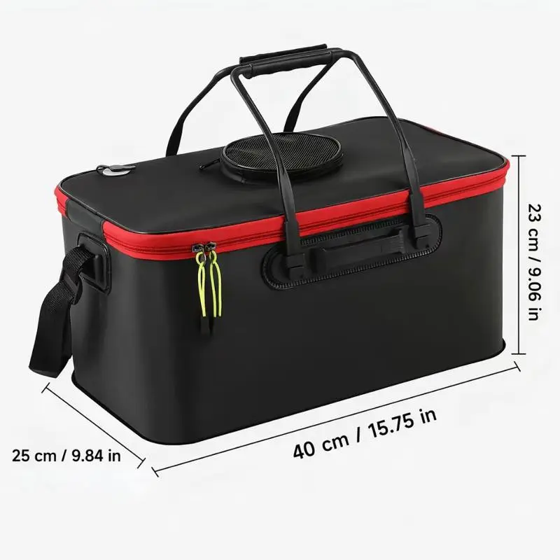 Kayoura Portable Collapsible Live Fish Bucket - Waterproof Heavy-Duty EVA Tank with Oxygen Pump Hole, Smooth Folding, Top Zipper Mesh, Adjustable Shoulder Strap, Compact 2-in-1 Fishing Storage & Tackle Gear Container for Hiking, Outdoor Bait Maintenance,