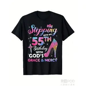 Humorous T-Shirt for Celebrating The 55Th Birthday for Both Men And Women, Featuring a Glittery High Heel Graphic And a Message about Entering This Milestone with Divine Grace And Mercy. This Heavyweight