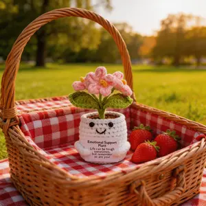 A Hand-Crocheted Wool Forget-Me-Not Potted Plant—A Warm and Soft Desktop Ornament, Accompanied by an Inspirational Message Card.