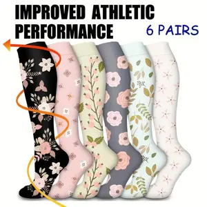 [Floral Compression Socks] 6 Pairs Compression Socks |   Floral Pattern Athletic Support Socks, Polyester All-Season Running Hiking Cycling Socks for Women & Men - Easter Gift for Friends Family, Sports Footwear, Patterned Sock Design, Comfortable Wear
