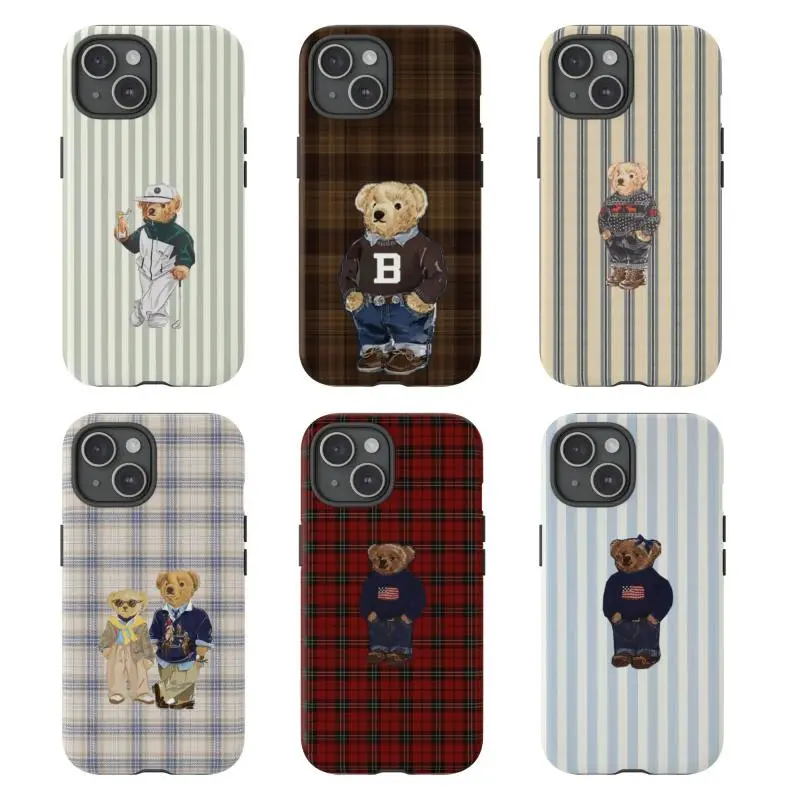 cute vintage teddy bear smartphone case, retro plaid & striped pattern protective cellphone shell, cellphone accessories, compatible with iPhone 11 12 13 14 15 16 17 Pro Max Plus& Samsung Galaxy S23 S24 (wireless-friendly) summerwins